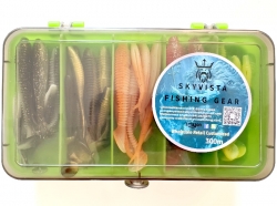Taiyu 63-piece lure set with double-sided box, lead head hooks, T-tail screws, fishing lures, cut tail, fork tail soft baits, and soft worms