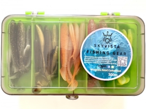 Taiyu 63-piece lure set with double-sided box, lead head hooks, T-tail screws, fishing lures, cut tail, fork tail soft baits, and soft worms