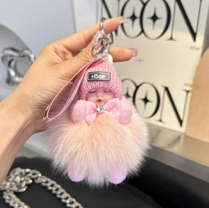 Skyvista Real Fox Fur Car Keychain – Cute Plush Doll Bag Charm, Fuzzy Key Ring Accessory